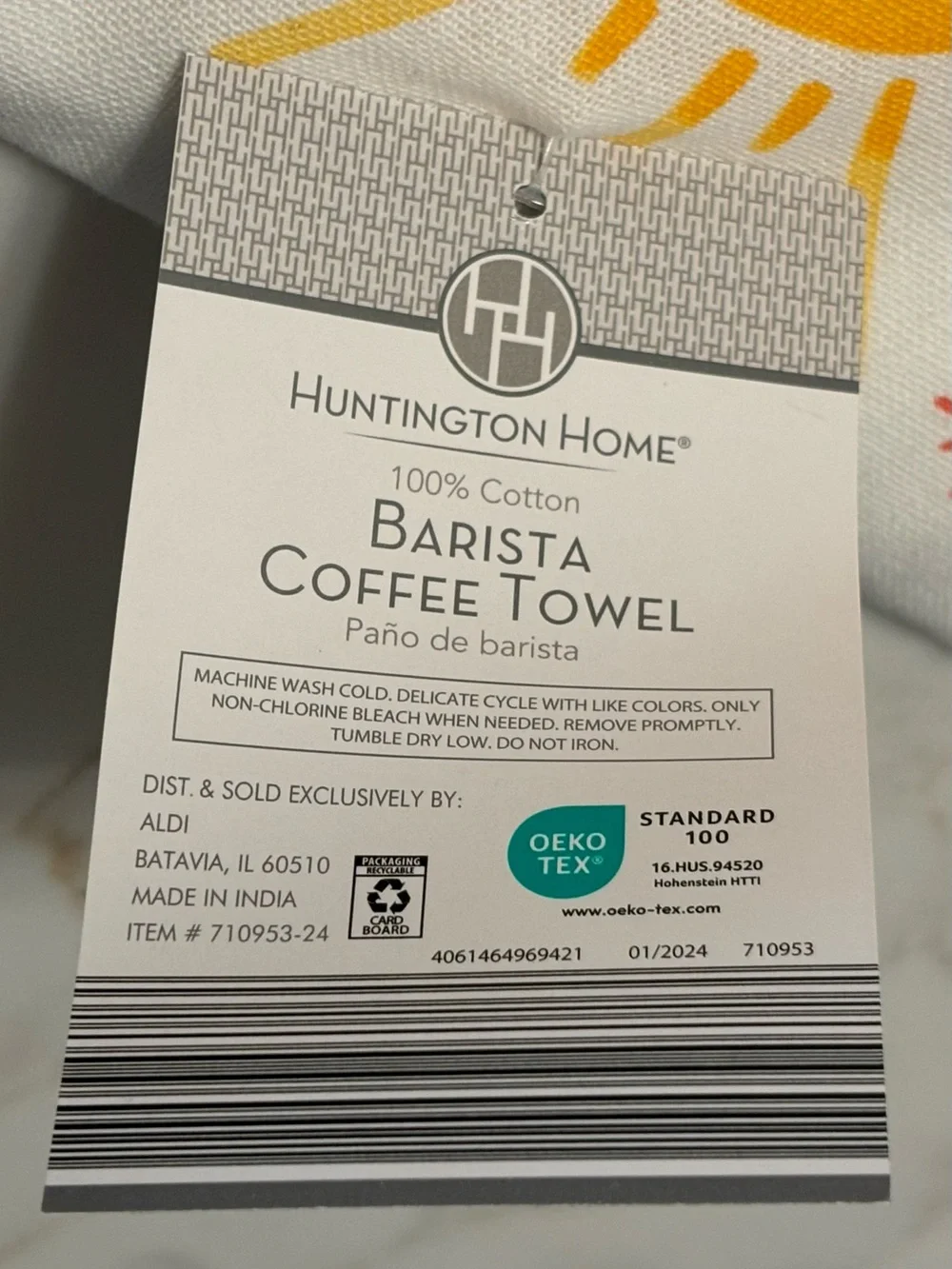 Huntington Home “Rise & Grind” Tea Towel with Yellow Sun, NWT